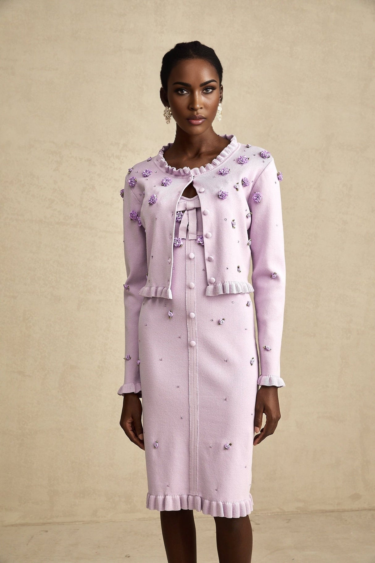 Daniela Cardigan & Dress - Fine Knit - Ruffled Trim - Faux - Flower Design - Cropped & Midi Length