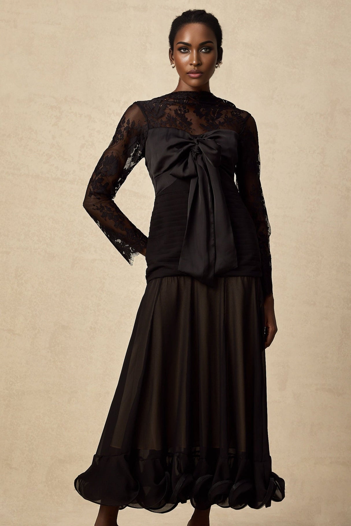 Daniela Floral Midi Dress - Mock Neck - Long Sleeves - Semi - Sheer Design - Bowknot & Lace Detail
