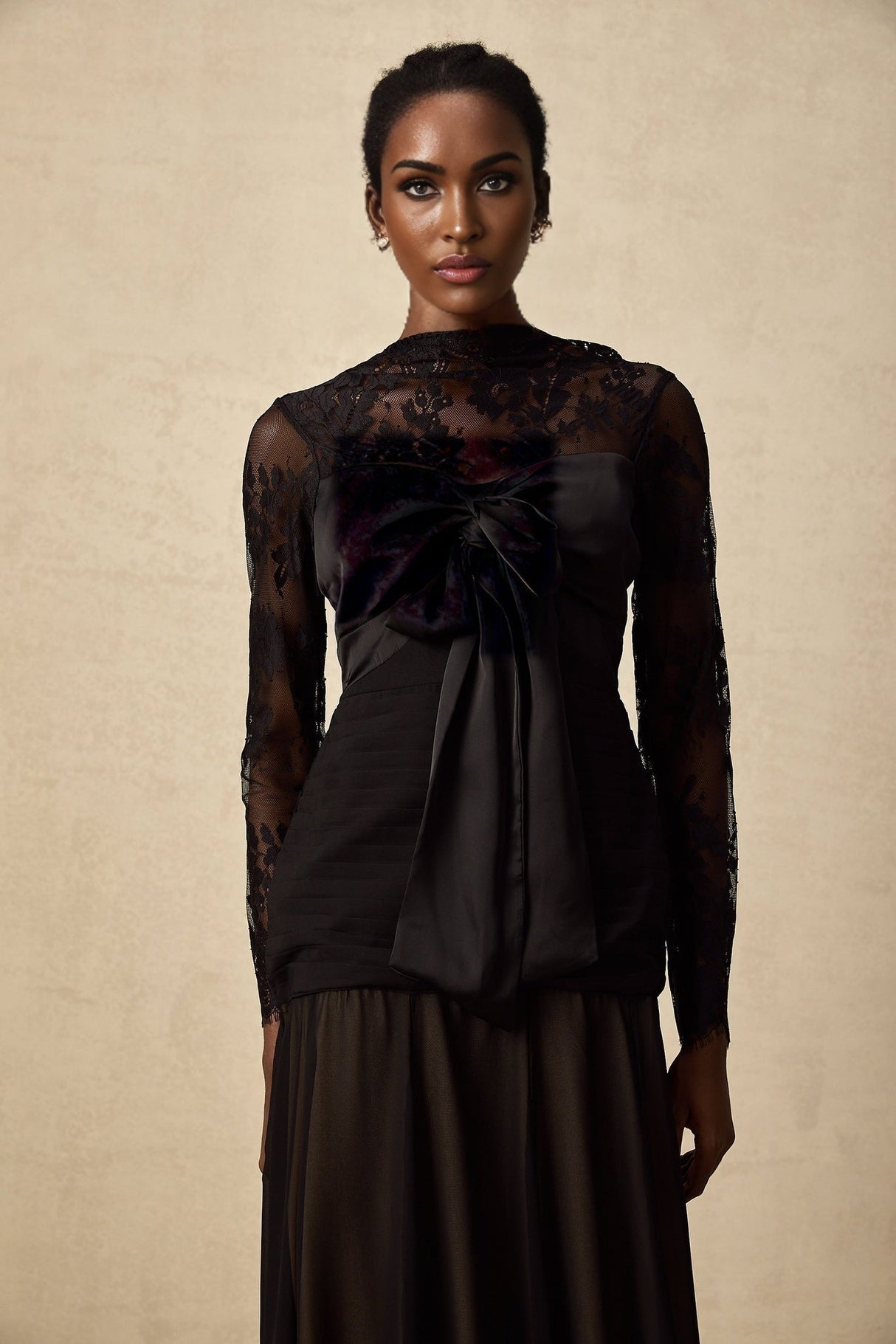 Daniela Floral Midi Dress - Mock Neck - Long Sleeves - Semi - Sheer Design - Bowknot & Lace Detail