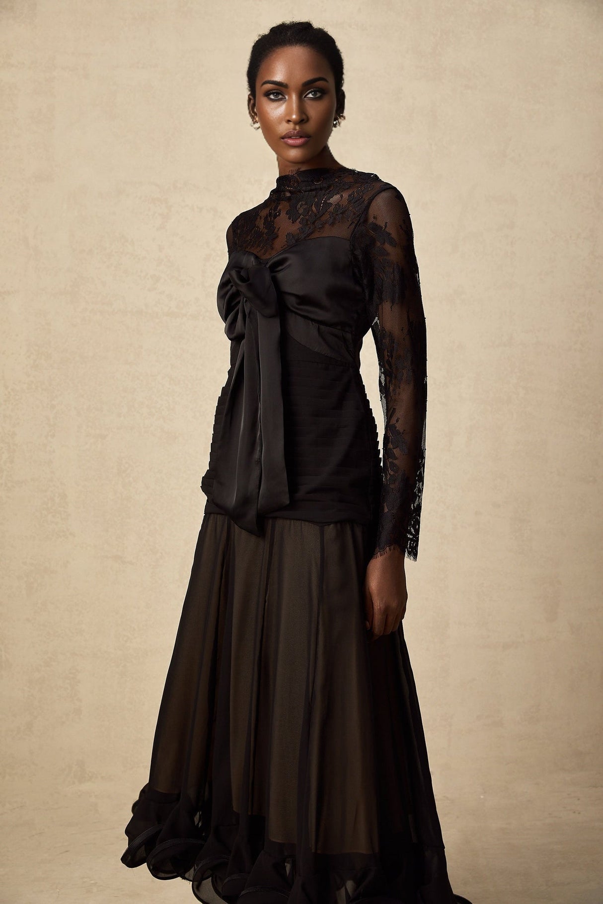 Daniela Floral Midi Dress - Mock Neck - Long Sleeves - Semi - Sheer Design - Bowknot & Lace Detail