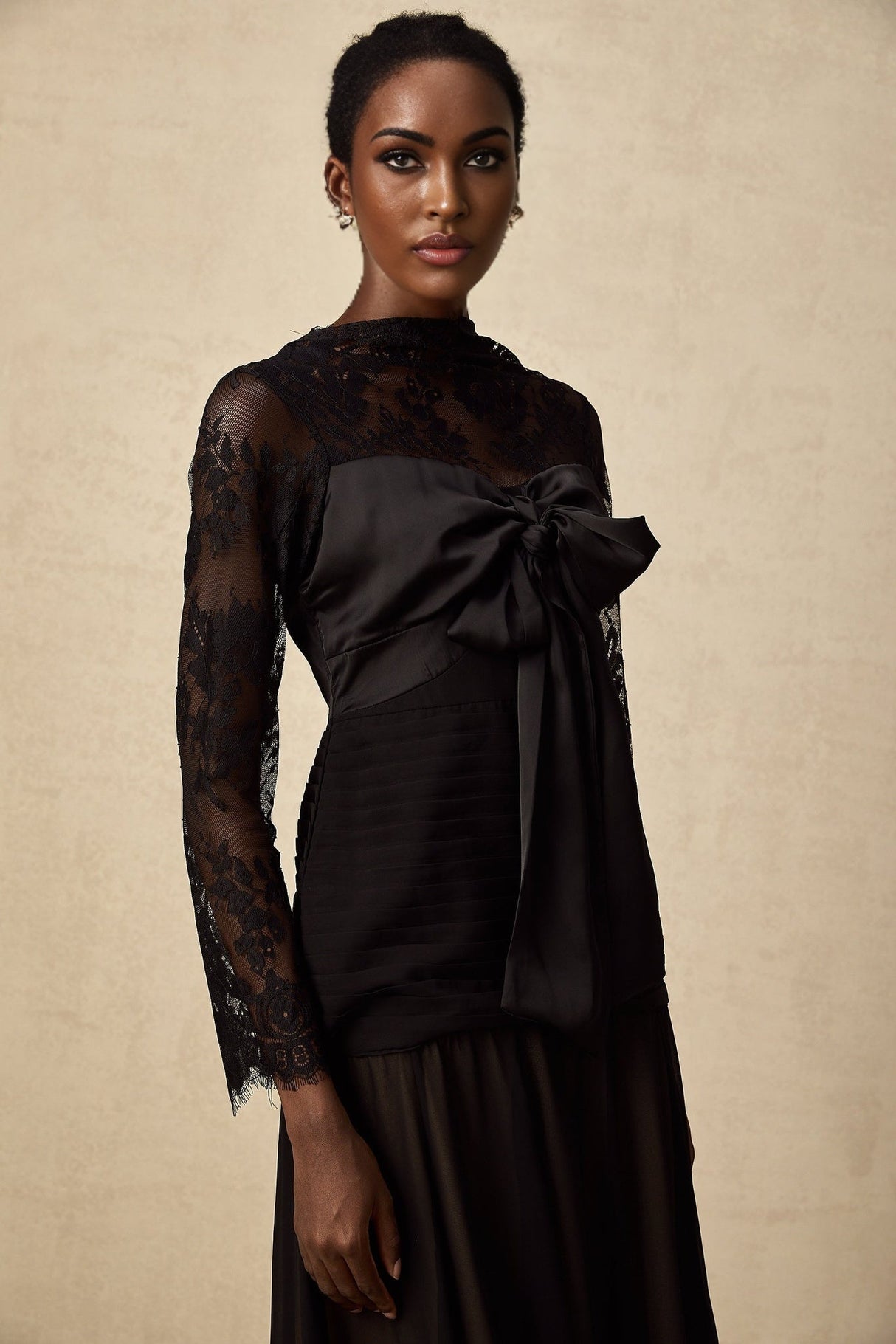 Daniela Floral Midi Dress - Mock Neck - Long Sleeves - Semi - Sheer Design - Bowknot & Lace Detail