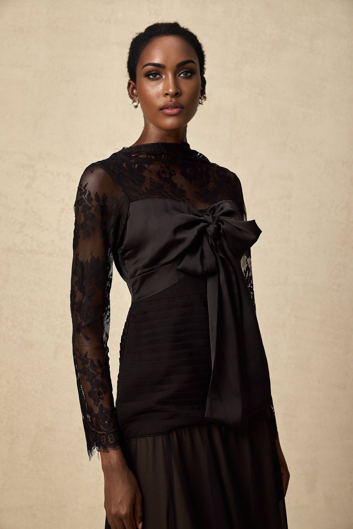 Daniela Floral Midi Dress - Mock Neck - Long Sleeves - Semi - Sheer Design - Bowknot & Lace Detail
