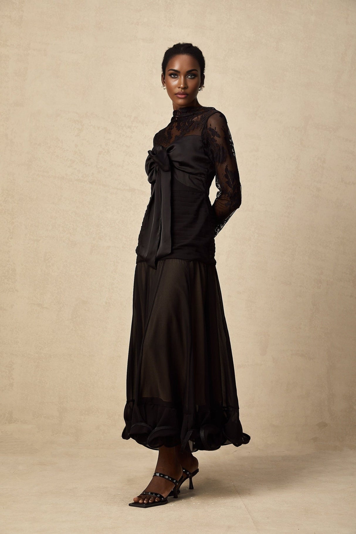 Daniela Floral Midi Dress - Mock Neck - Long Sleeves - Semi - Sheer Design - Bowknot & Lace Detail