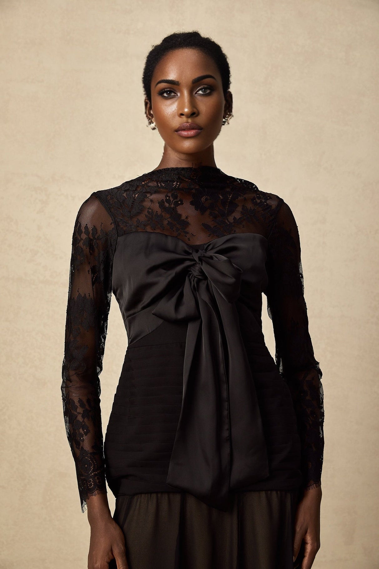 Daniela Floral Midi Dress - Mock Neck - Long Sleeves - Semi - Sheer Design - Bowknot & Lace Detail