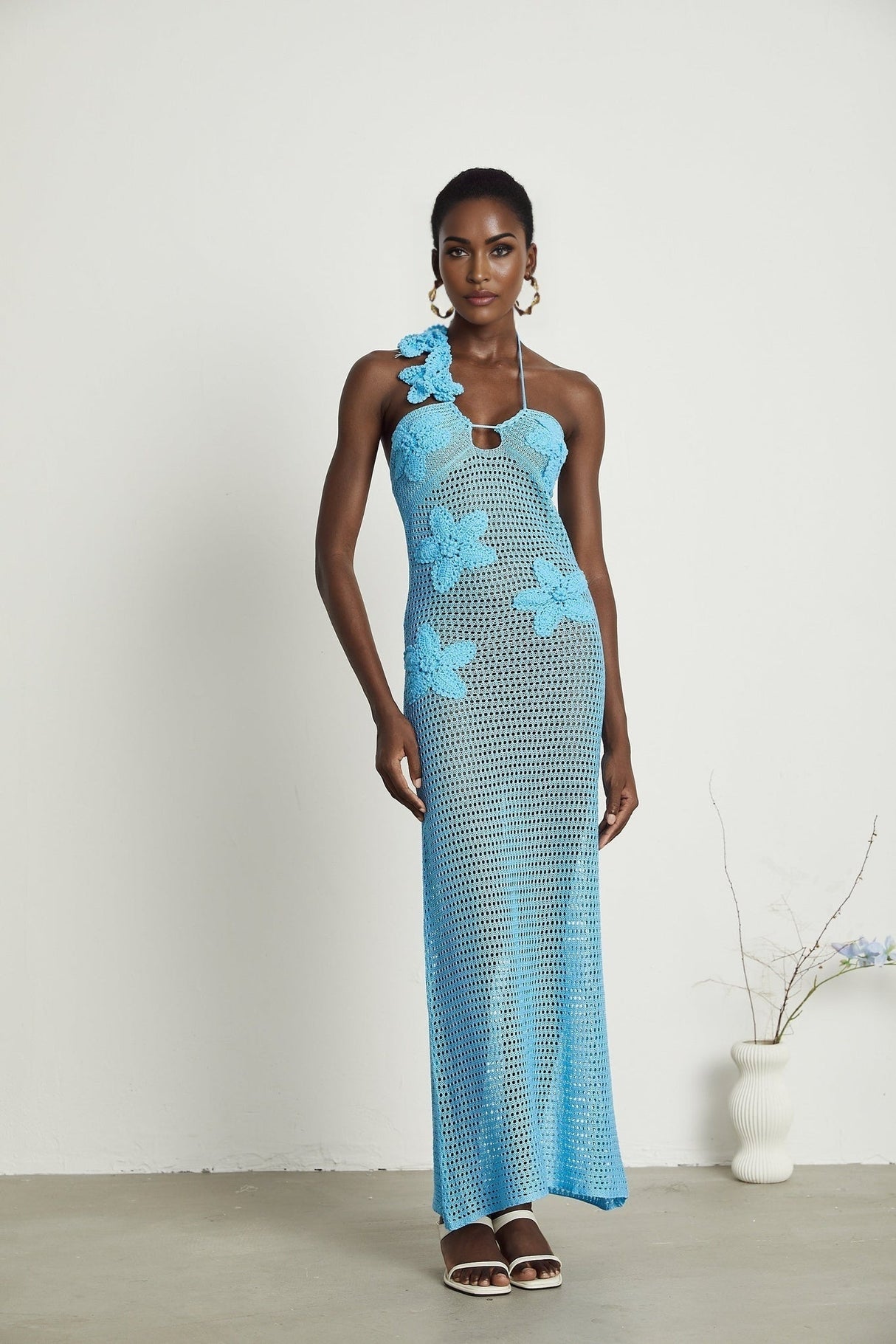 Daniela Maxi Dress - Halterneck Design - Open Back - Bustier Style - Faux - Flower Embellished