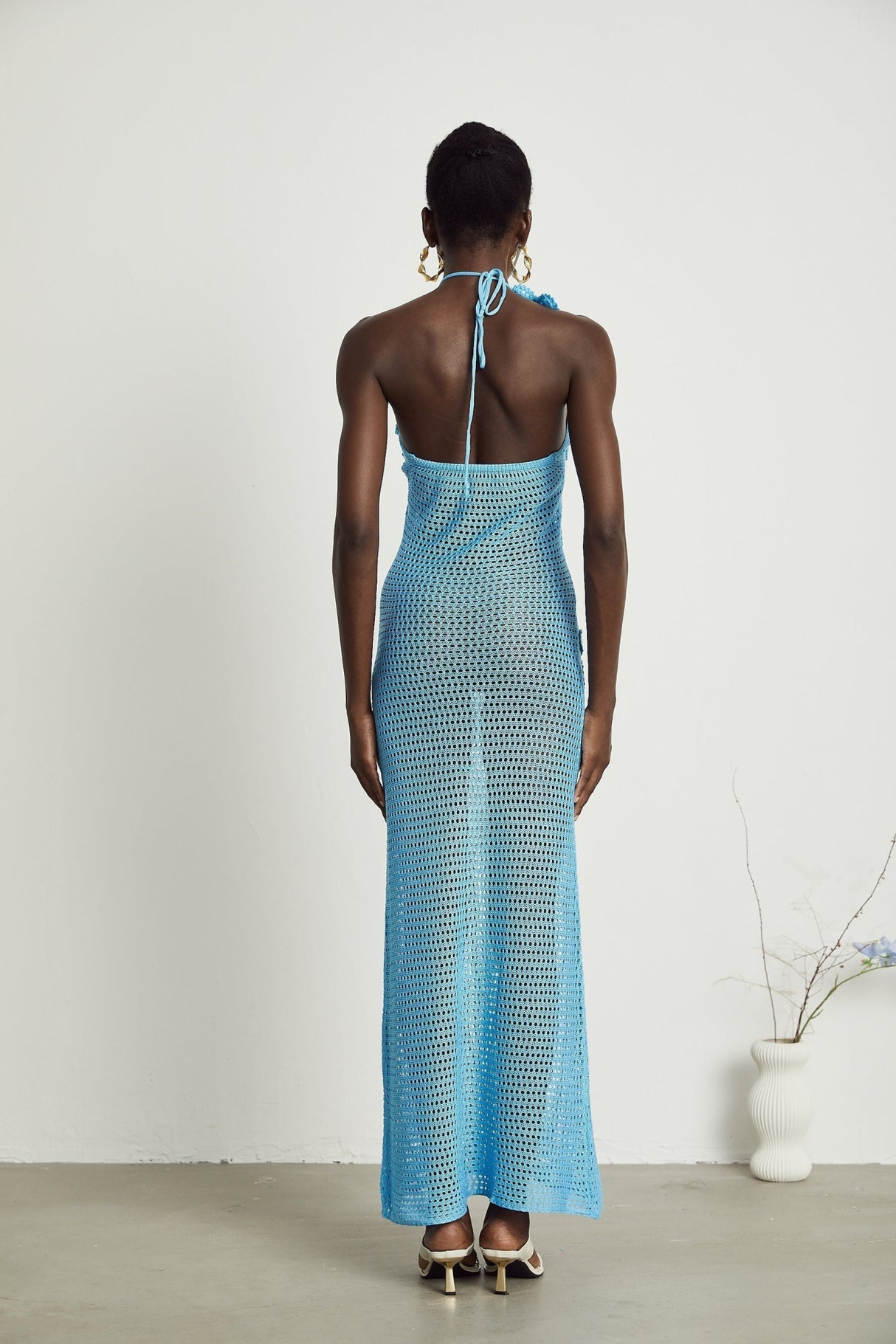 Daniela Maxi Dress - Halterneck Design - Open Back - Bustier Style - Faux - Flower Embellished