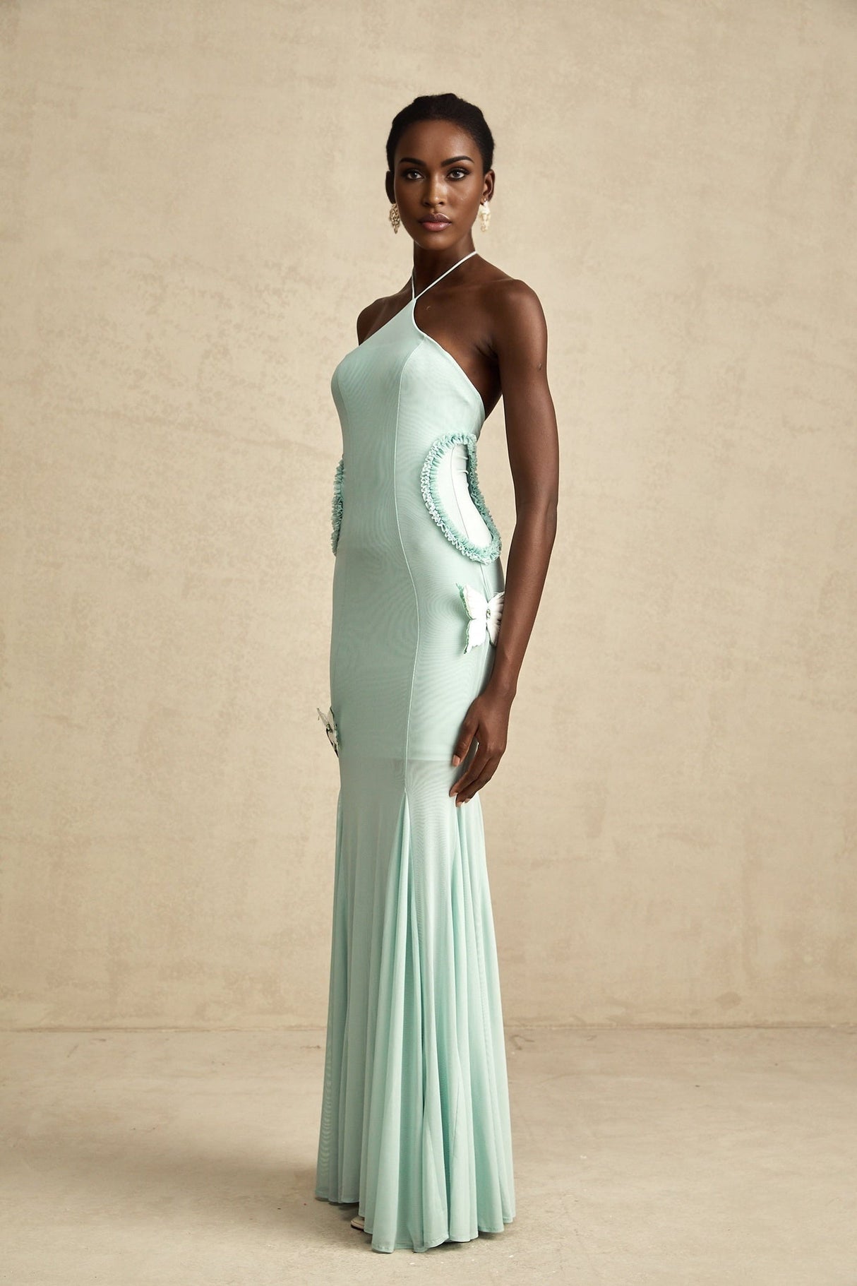 Daniela Maxi Dress - Halterneck Tie - Ruffle Detail - Butterfly Accents - Rear Zip Fastening