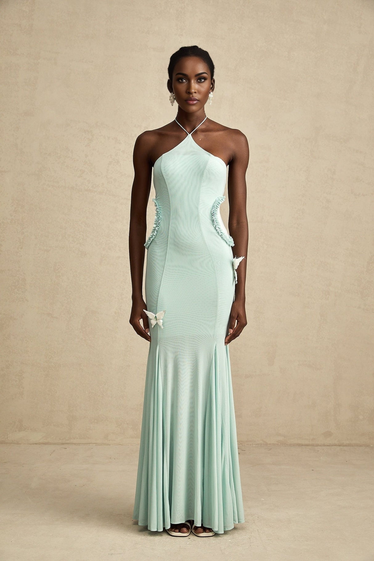 Daniela Maxi Dress - Halterneck Tie - Ruffle Detail - Butterfly Accents - Rear Zip Fastening