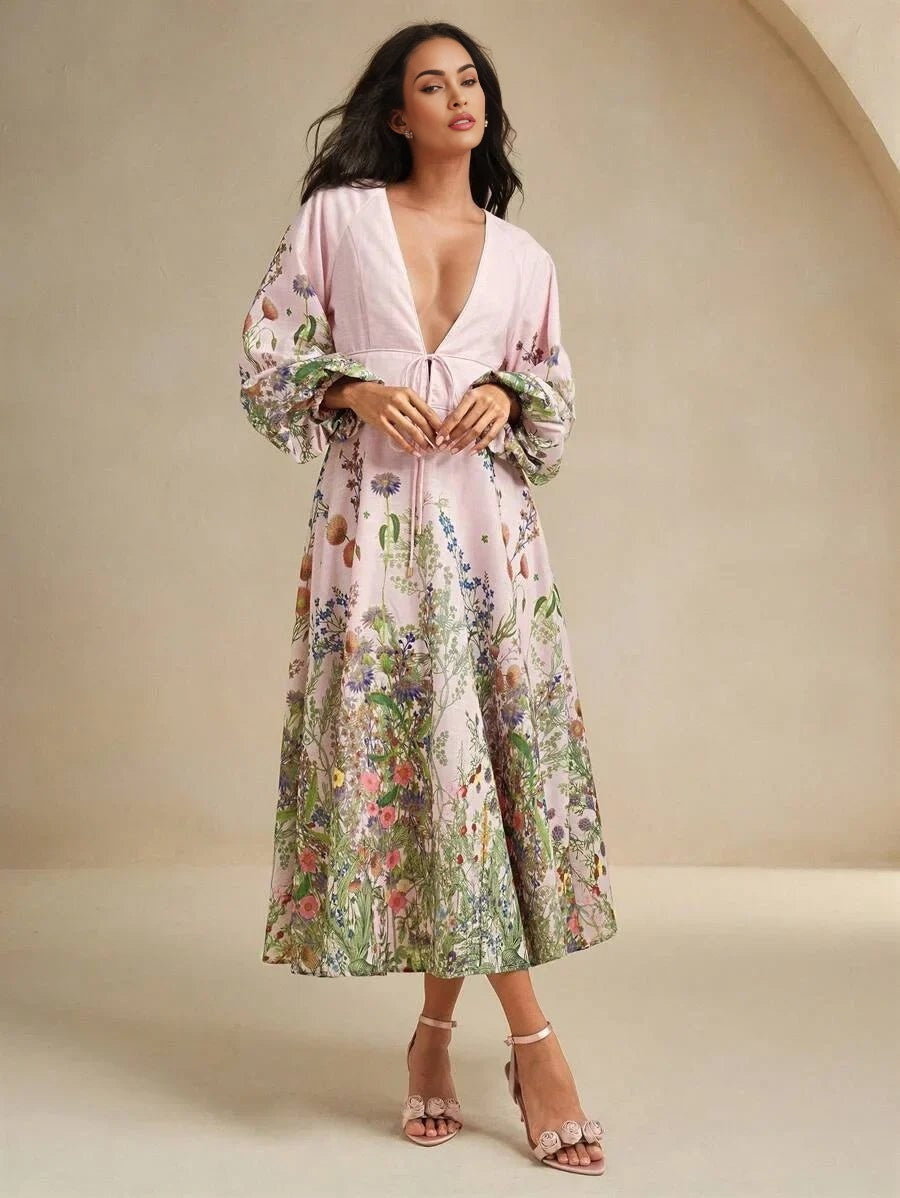 Daniela Midi Dress - Deep V Neck - Bishop Sleeve - Flared Hem - High Waist - A Line