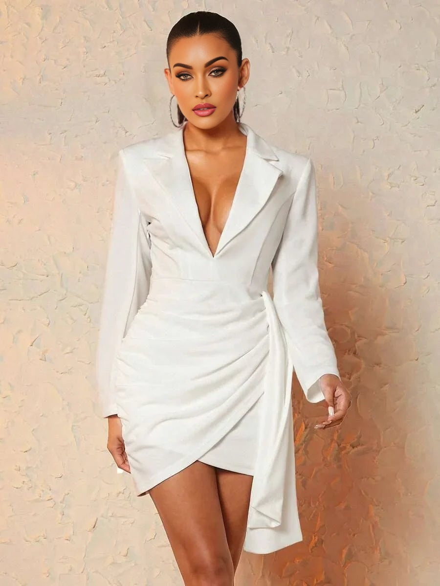 Daniela Mini Dress - Lapel Neckline - Asymmetrical Hem - High Waist - Fitted Style - Wrap Ruched Details