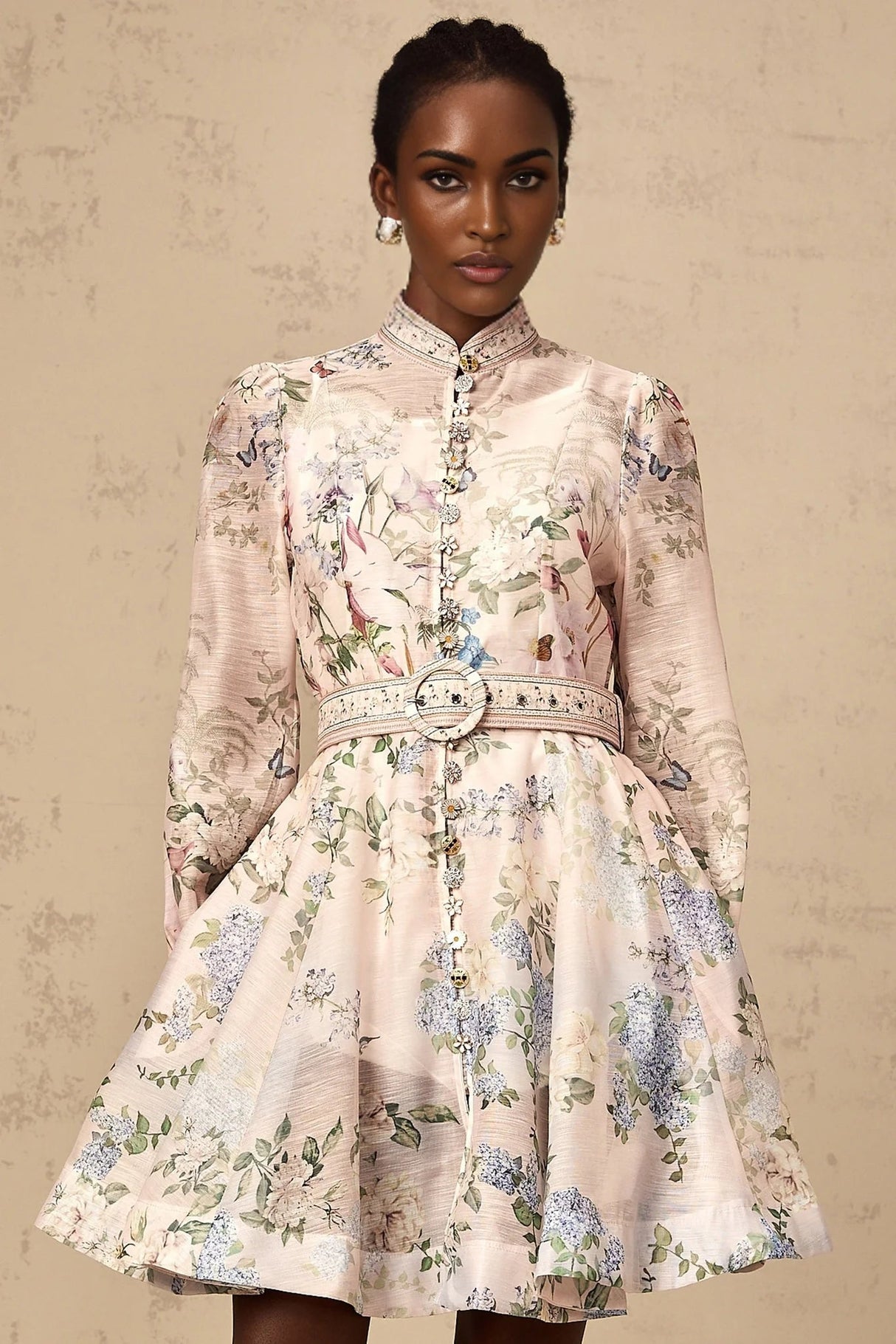 Daniela Mini Dress Light - Pink Floral Print & Belted Waist