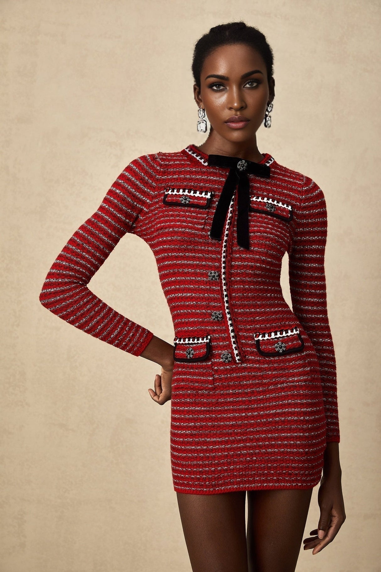 Daniela Mini Dress - Long Sleeve Colorblocked Knitted with Crystal Embellishment Bow Detailing & Front Flap Pockets