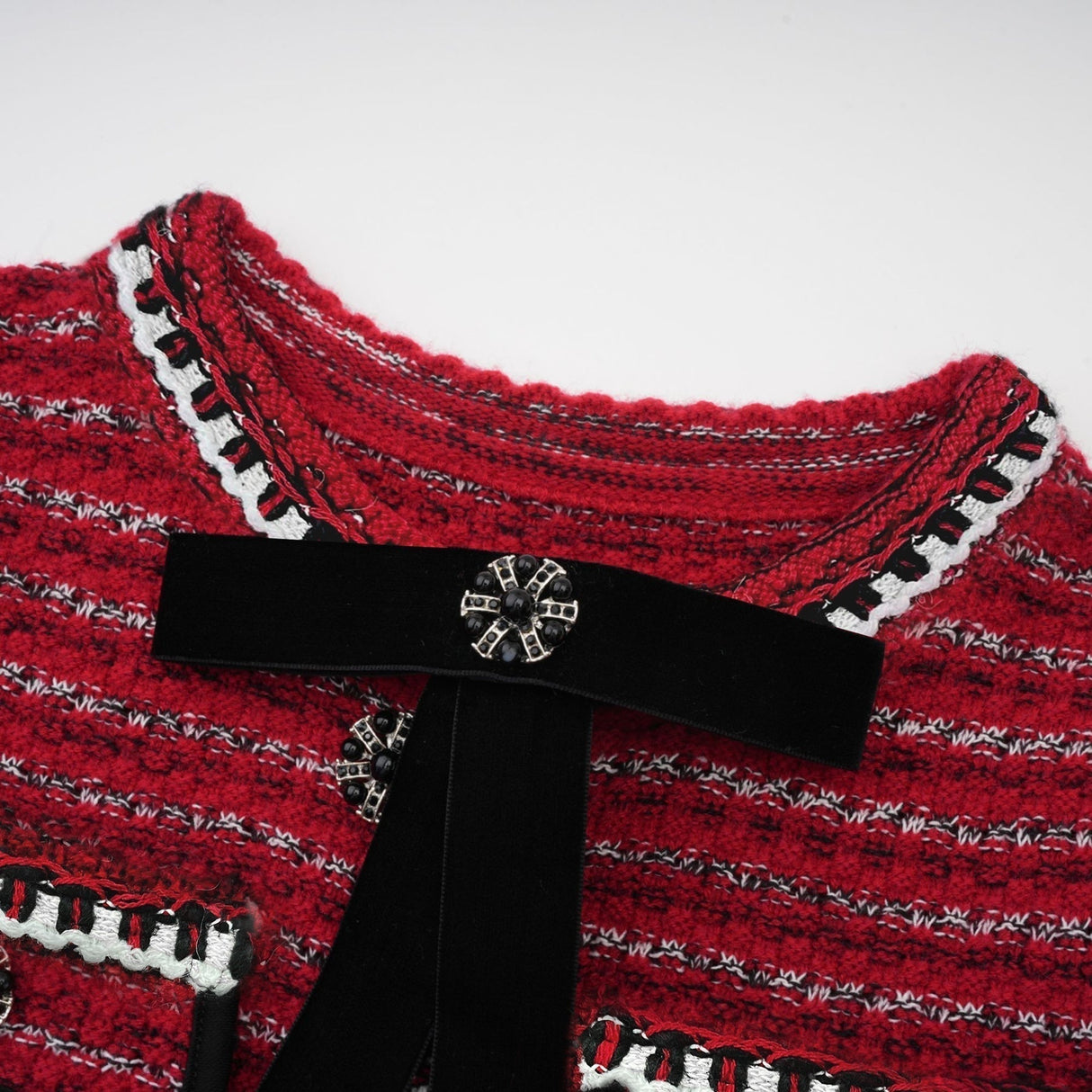 Daniela Mini Dress - Long Sleeve Colorblocked Knitted with Crystal Embellishment Bow Detailing & Front Flap Pockets