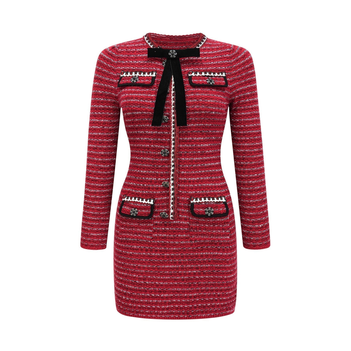Daniela Mini Dress - Long Sleeve Colorblocked Knitted with Crystal Embellishment Bow Detailing & Front Flap Pockets