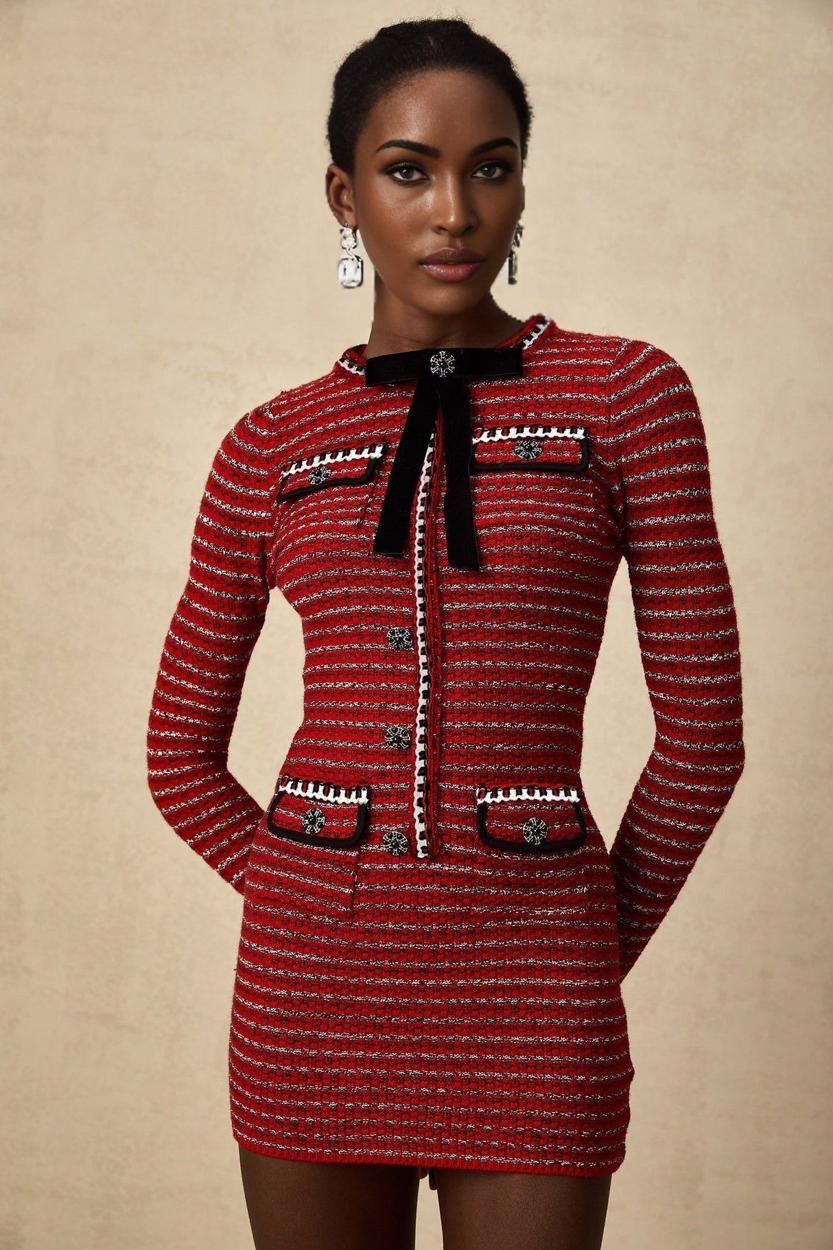 Daniela Mini Dress - Long Sleeve Colorblocked Knitted with Crystal Embellishment Bow Detailing & Front Flap Pockets