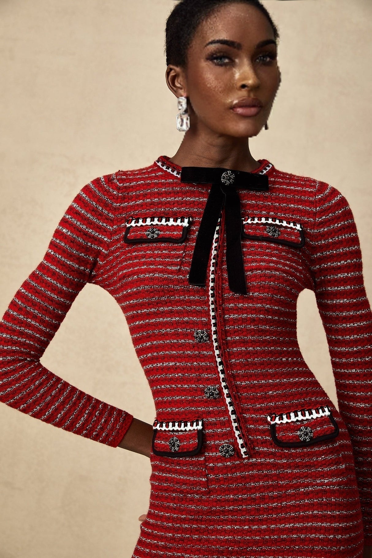 Daniela Mini Dress - Long Sleeve Colorblocked Knitted with Crystal Embellishment Bow Detailing & Front Flap Pockets