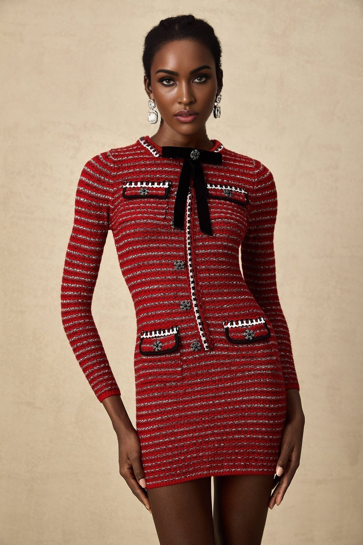 Daniela Mini Dress - Long Sleeve Colorblocked Knitted with Crystal Embellishment Bow Detailing & Front Flap Pockets