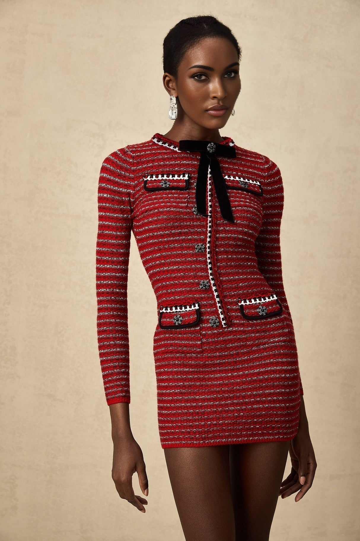 Daniela Mini Dress - Long Sleeve Colorblocked Knitted with Crystal Embellishment Bow Detailing & Front Flap Pockets