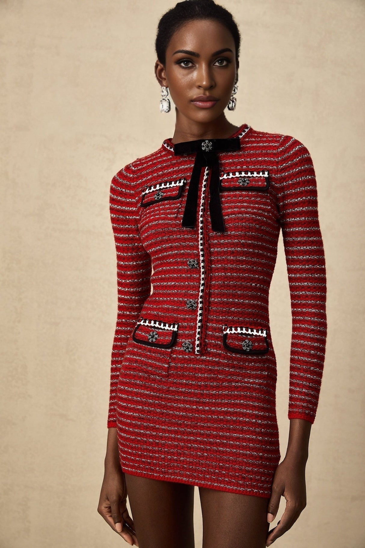 Daniela Mini Dress - Long Sleeve Colorblocked Knitted with Crystal Embellishment Bow Detailing & Front Flap Pockets