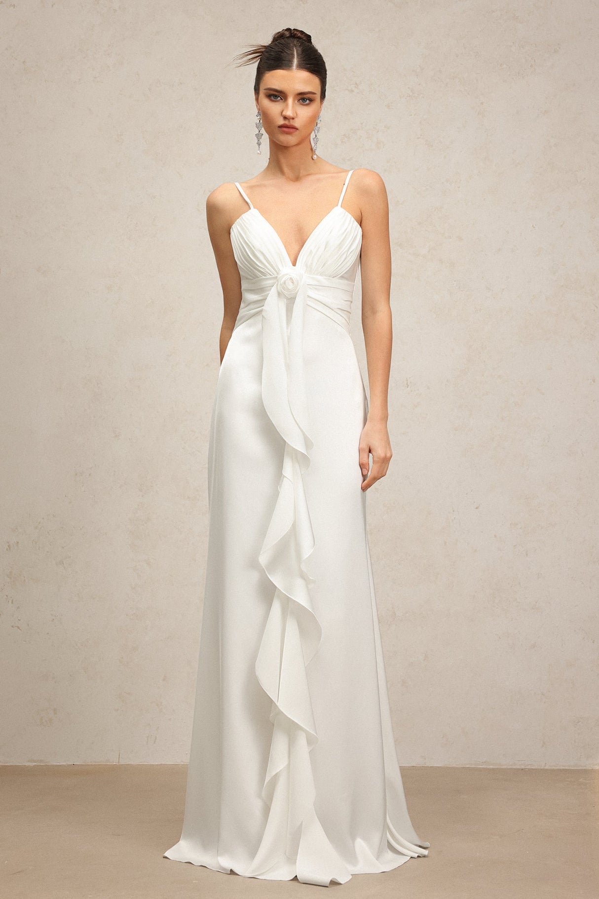 Daniela White V-Neckline Spaghetti Strap Rosette Detail Dress