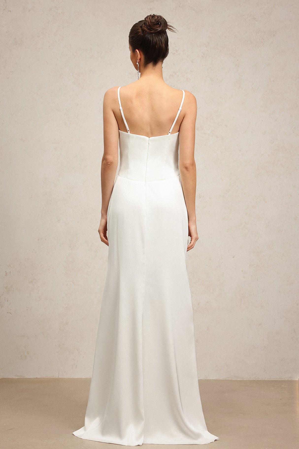 Daniela White V-Neckline Spaghetti Strap Rosette Detail Formal Dress