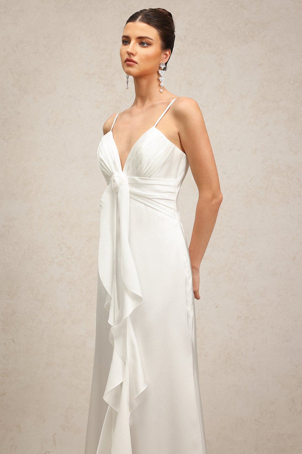 Daniela White V-Neckline Spaghetti Strap Rosette Detail Wedding Dress