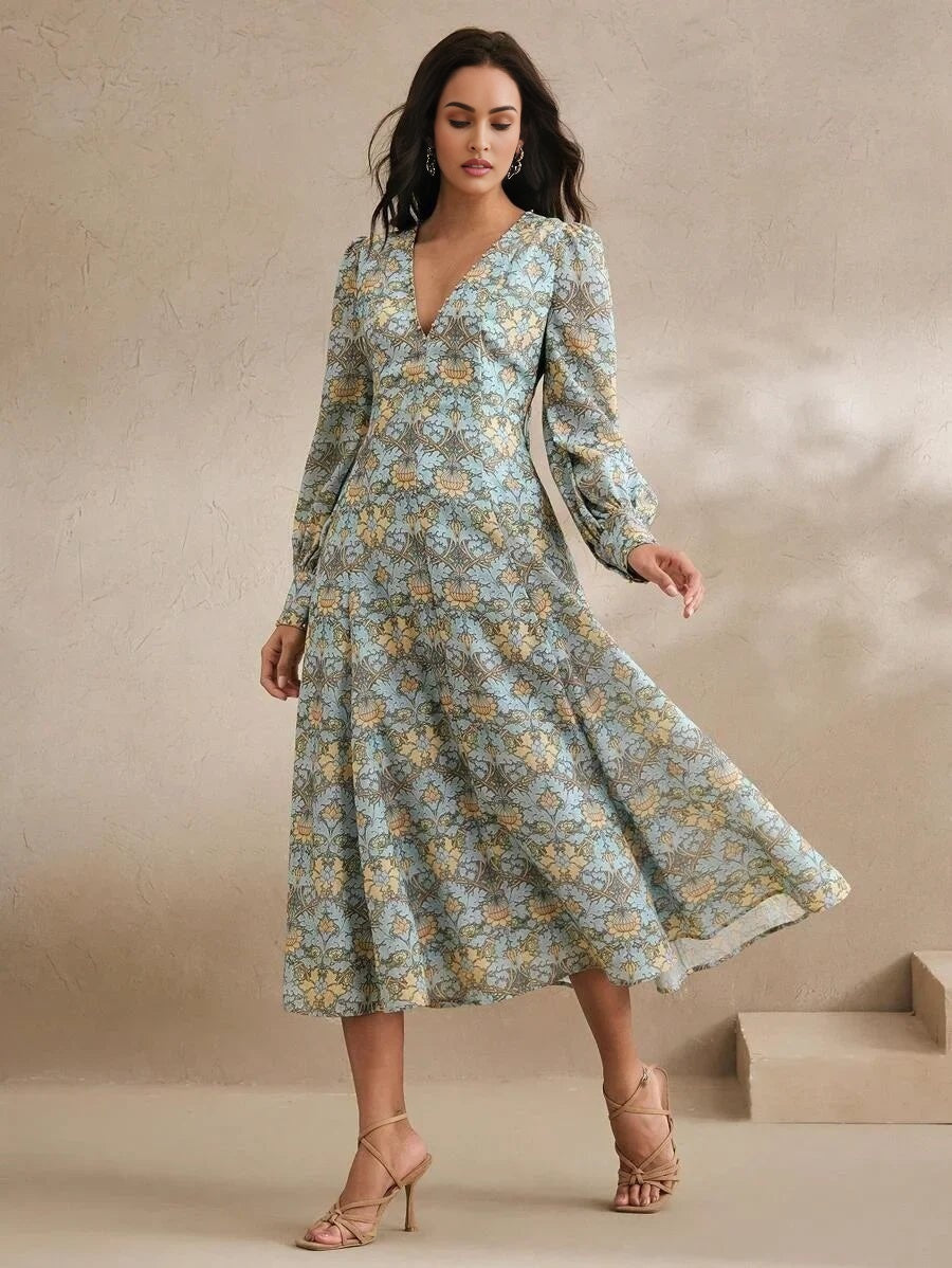 Danielle Midi Dress - V Neckline - Bishop Sleeve - High Waist - A Line - Boho Style