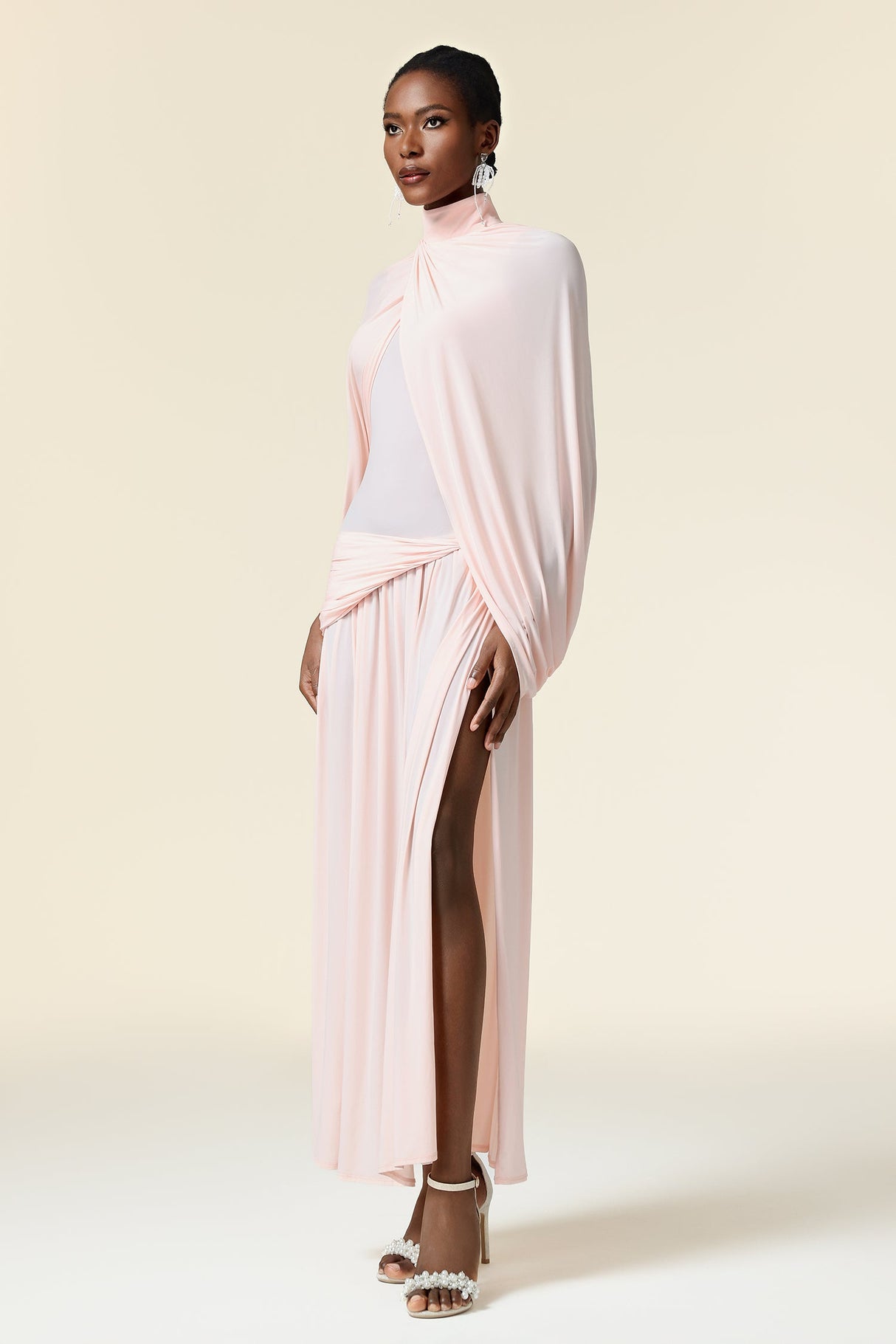 Danielle Pink Maxi Dress Asymmetric Fold Design High Neckline Waist Detailing Elegant Modern Comfortable Evening Formal Statement Piece Beautiful Empowered