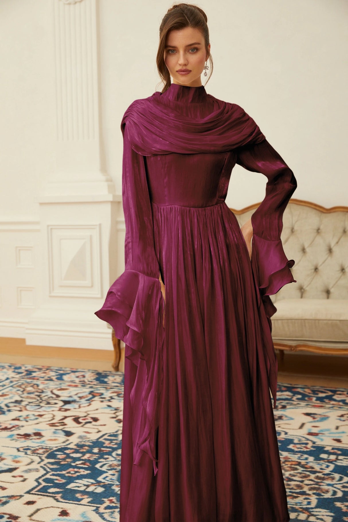 Danuta Burgundy Ruched Pleated Maxi Dress