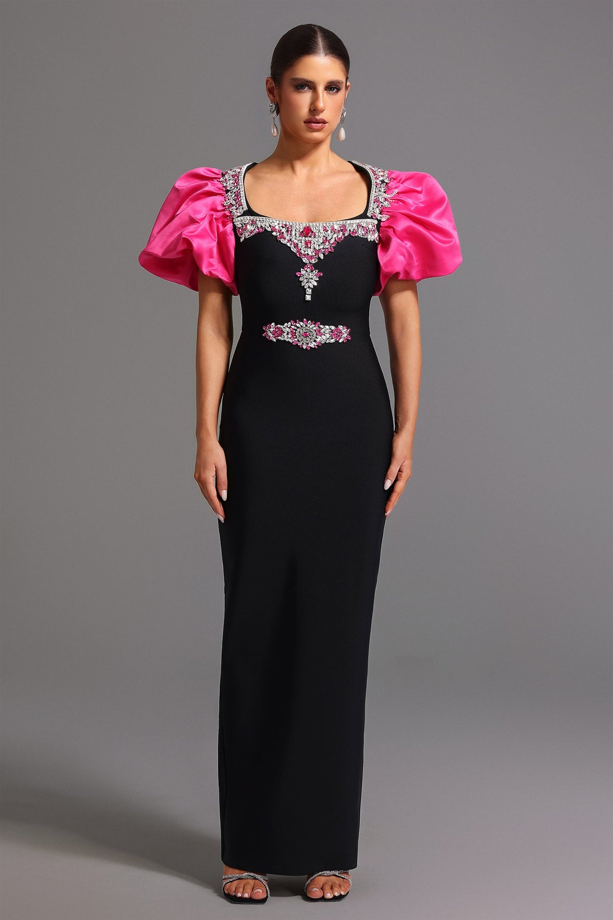 Daphne Black Maxi Dress with Square Collar and Diamond Detailing