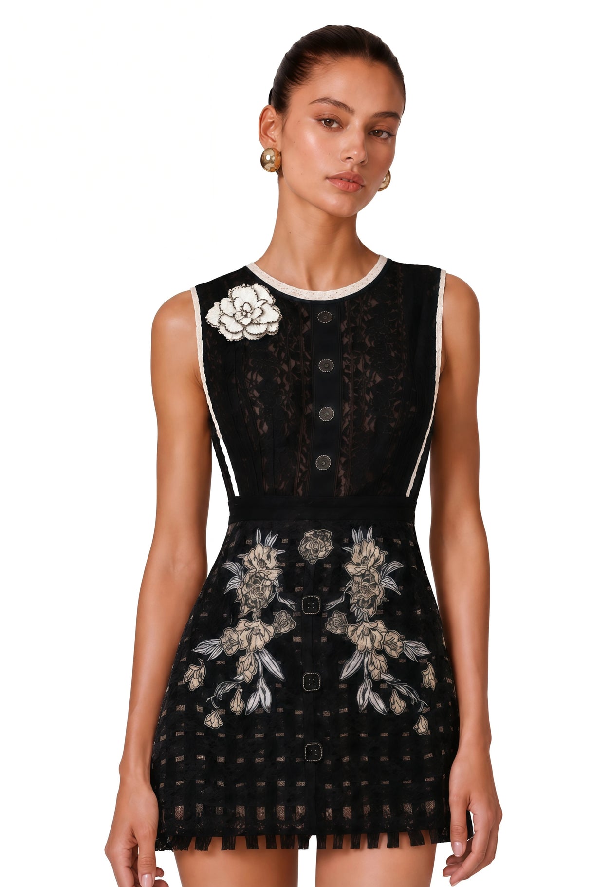 Daphné Black Mini Dress with Floral Embroidered