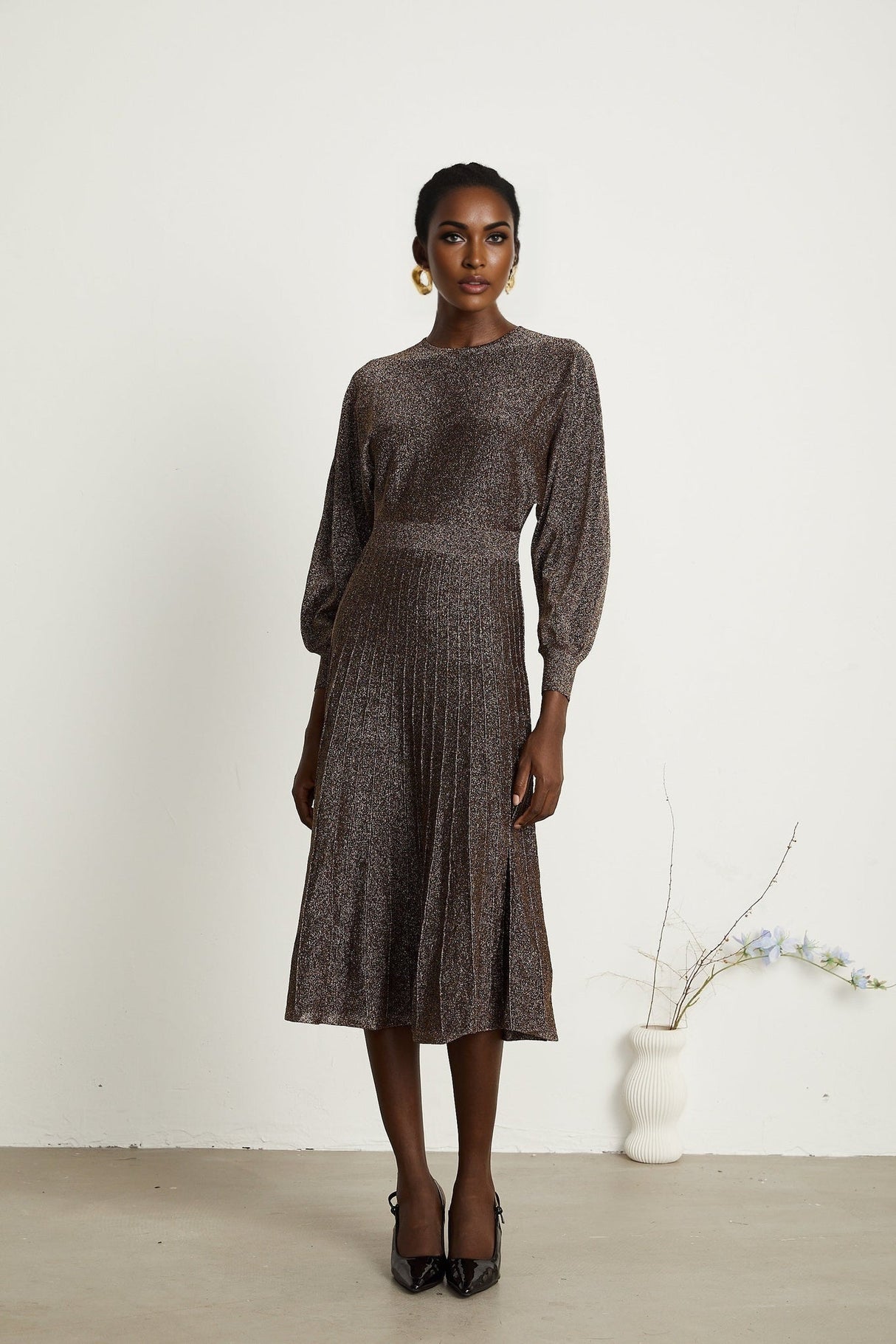 Daphne Midi Dress - Long Sleeves - Metallic Threading - Ribbed Knit - Flared Skirt - Elegant Midi Length