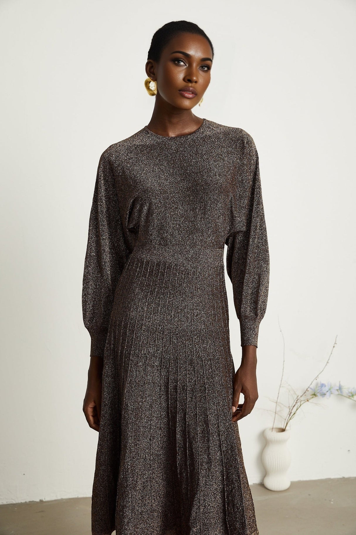 Daphne Midi Dress - Long Sleeves - Metallic Threading - Ribbed Knit - Flared Skirt - Elegant Midi Length