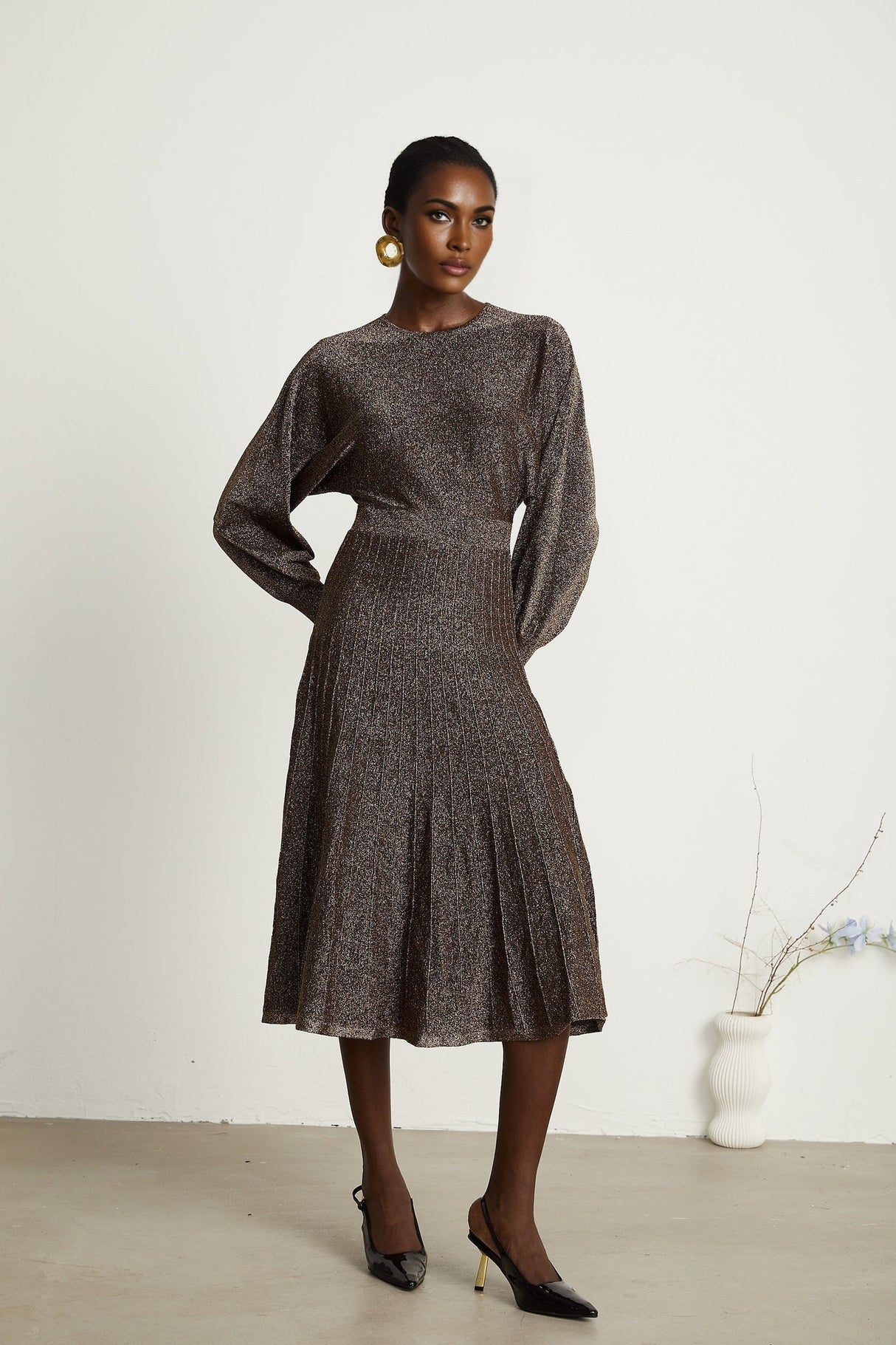 Daphne Midi Dress - Long Sleeves - Metallic Threading - Ribbed Knit - Flared Skirt - Elegant Midi Length