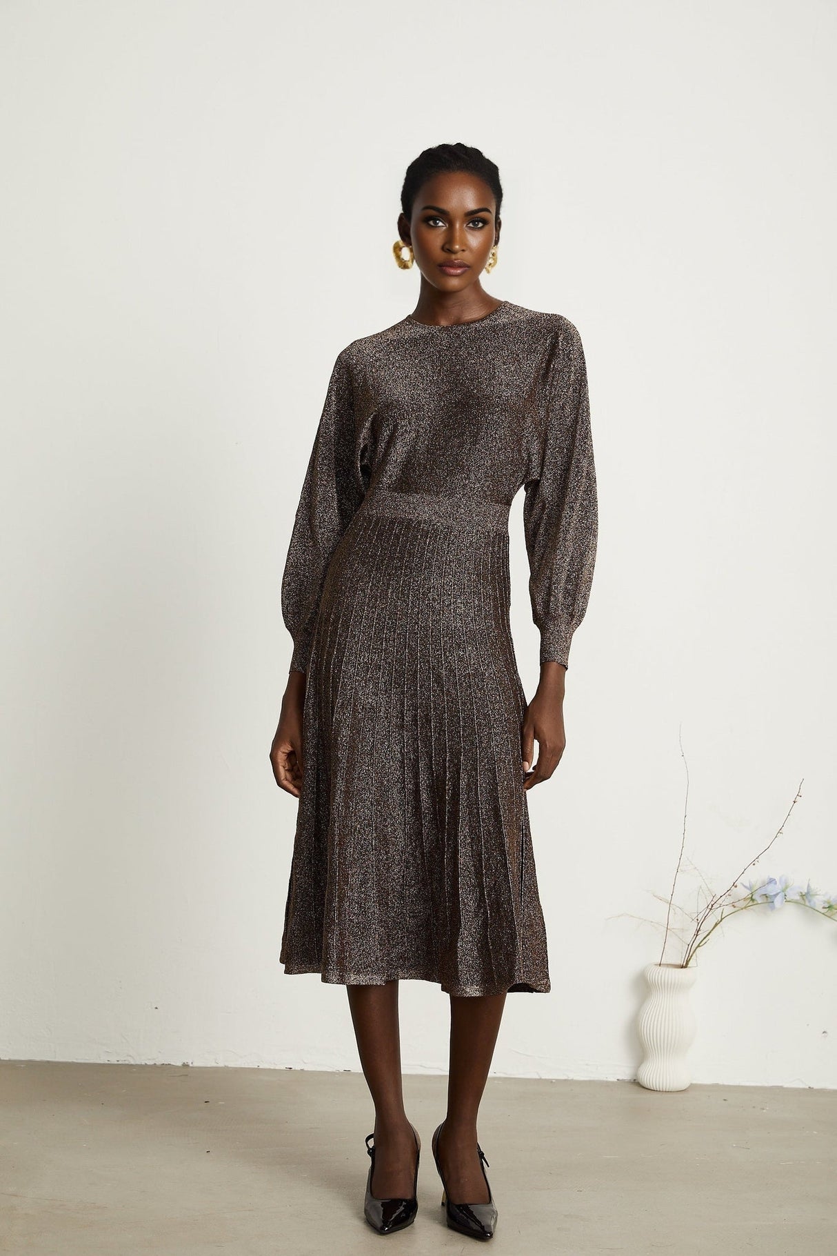 Daphne Midi Dress - Long Sleeves - Metallic Threading - Ribbed Knit - Flared Skirt - Elegant Midi Length
