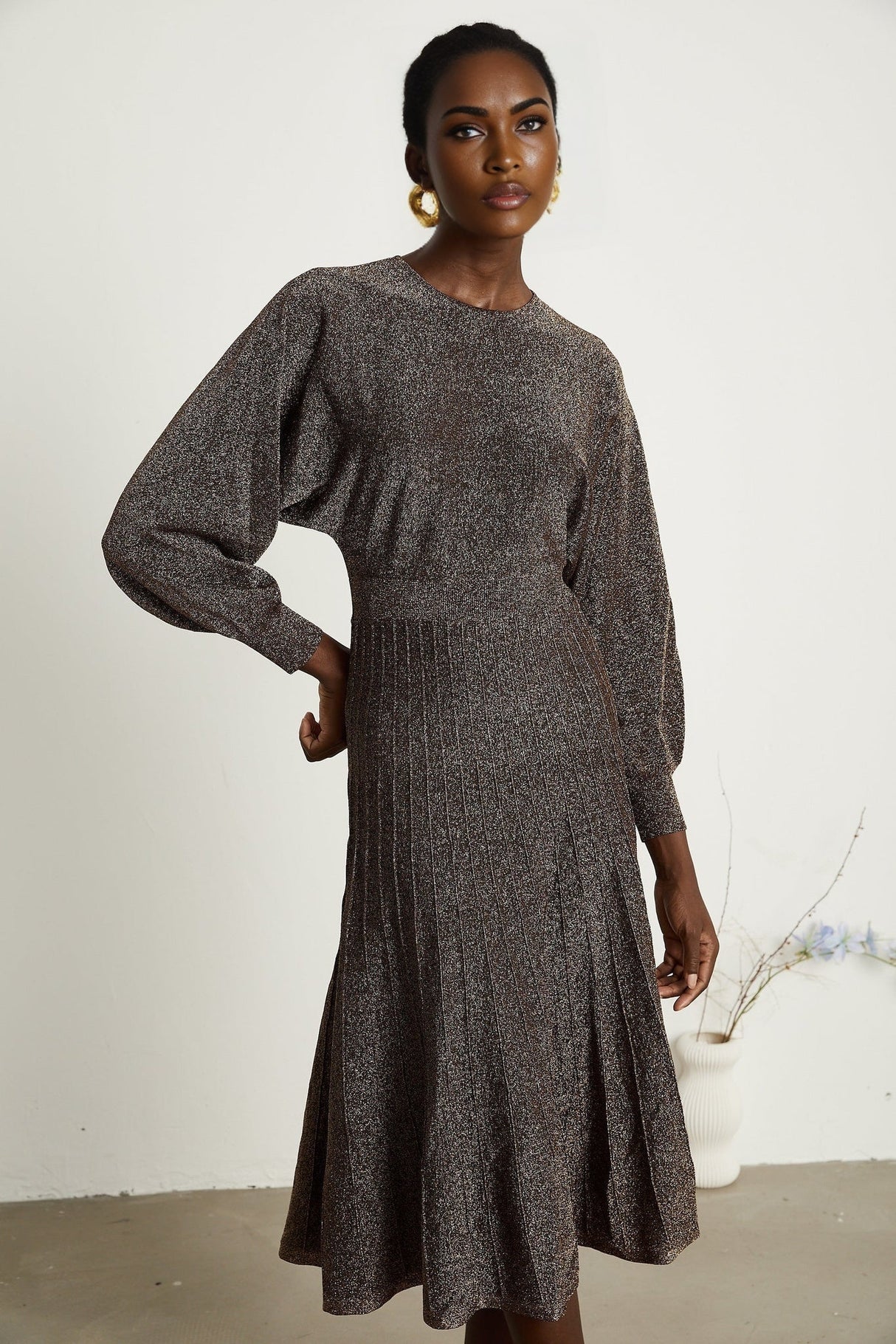 Daphne Midi Dress - Long Sleeves - Metallic Threading - Ribbed Knit - Flared Skirt - Elegant Midi Length