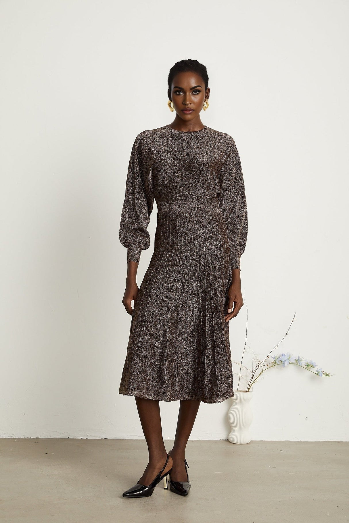 Daphne Midi Dress - Long Sleeves - Metallic Threading - Ribbed Knit - Flared Skirt - Elegant Midi Length