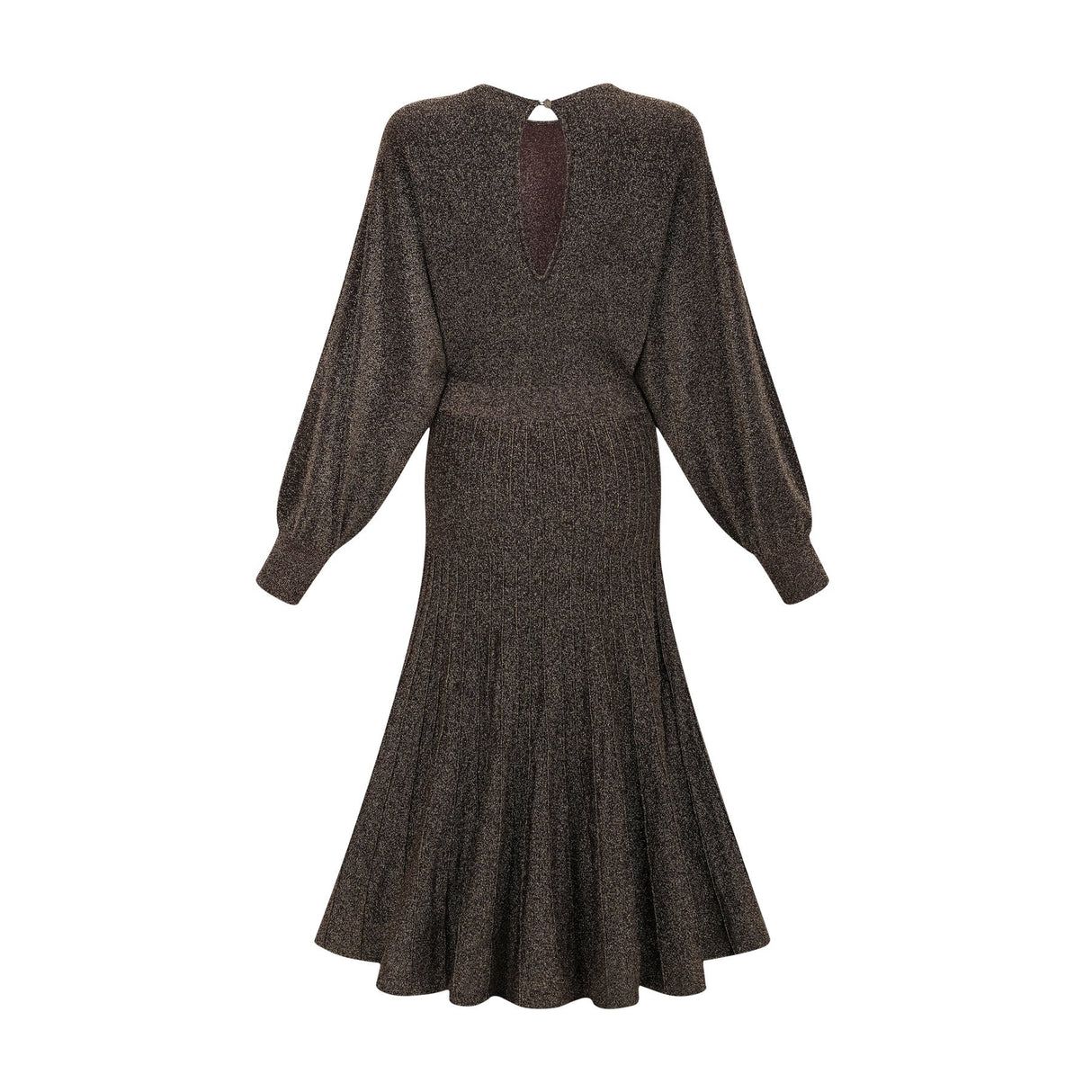 Daphne Midi Dress - Long Sleeves - Metallic Threading - Ribbed Knit - Flared Skirt - Elegant Midi Length