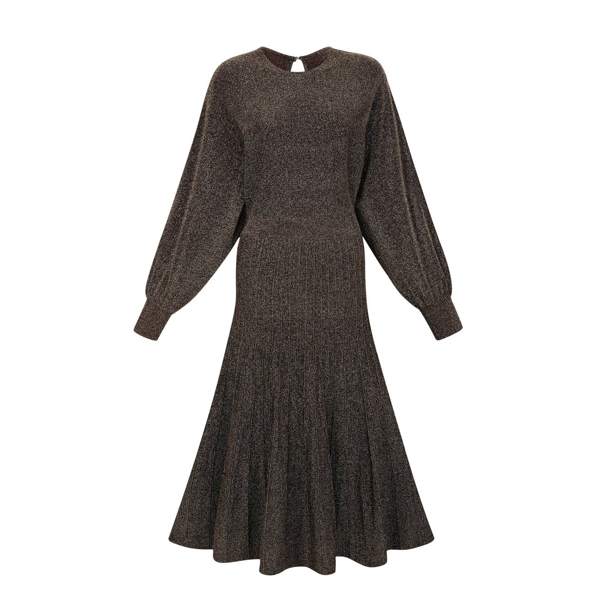 Daphne Midi Dress - Long Sleeves - Metallic Threading - Ribbed Knit - Flared Skirt - Elegant Midi Length