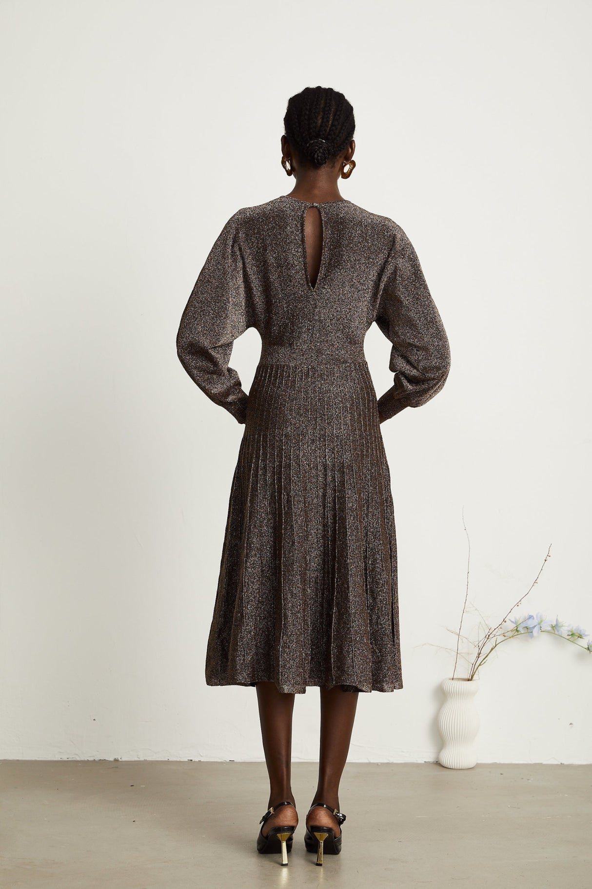 Daphne Midi Dress - Long Sleeves - Metallic Threading - Ribbed Knit - Flared Skirt - Elegant Midi Length