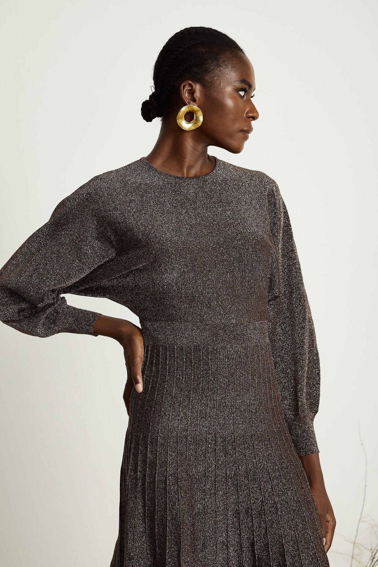 Daphne Midi Dress - Long Sleeves - Metallic Threading - Ribbed Knit - Flared Skirt - Elegant Midi Length