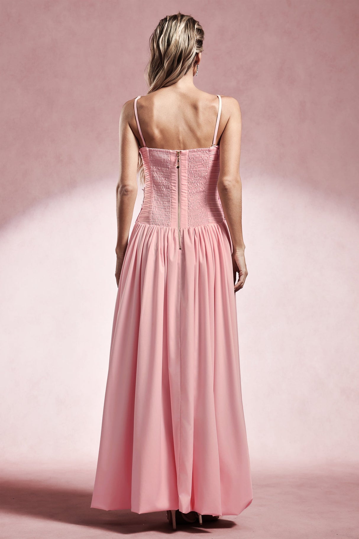 Daphne Pink Floral Embellished Strapless Dress with Thigh-High Slit