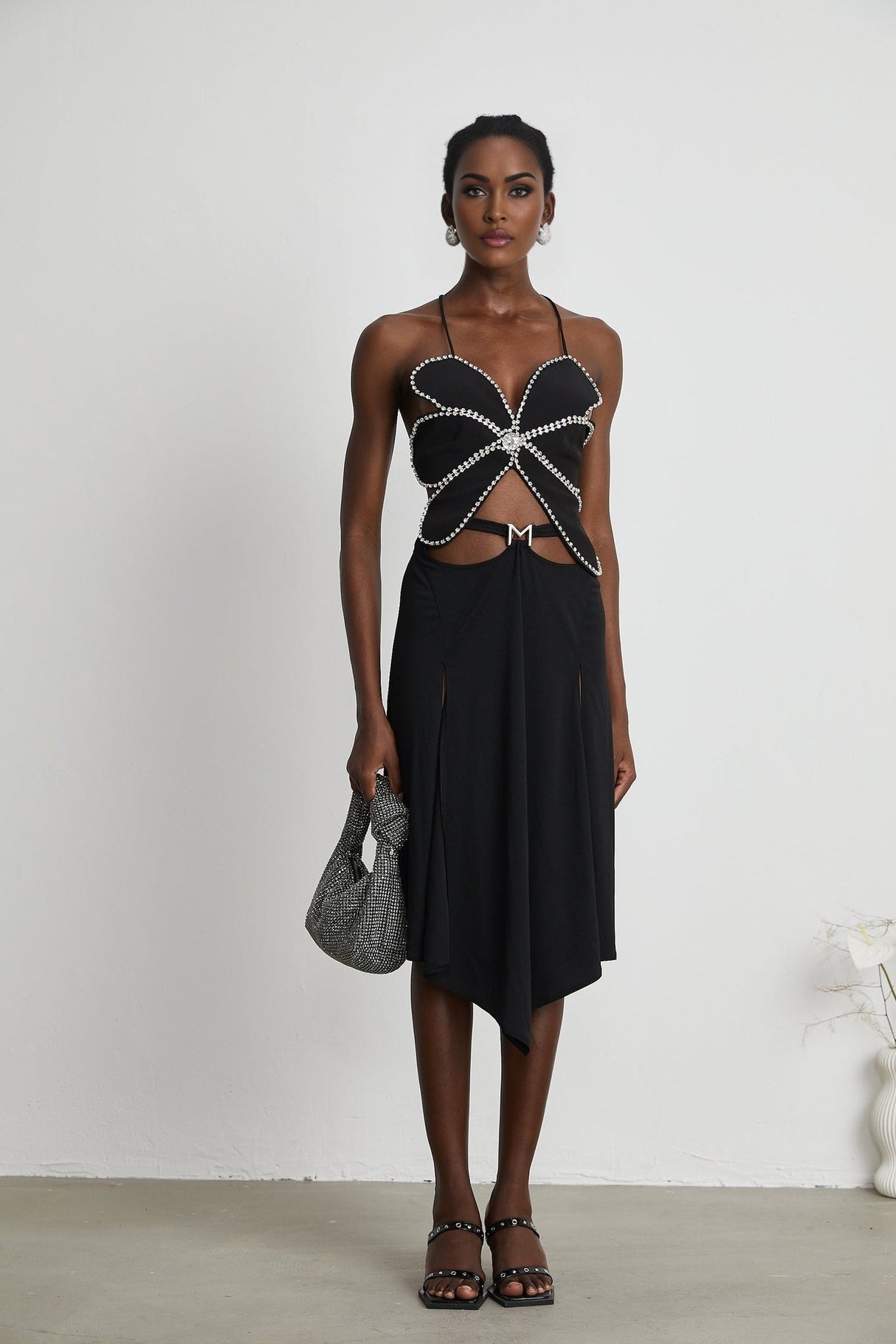 Daphne Top - Halterneck - Sleeveless - Backless - Crystal Embellishment - Floral Motif - Cropped