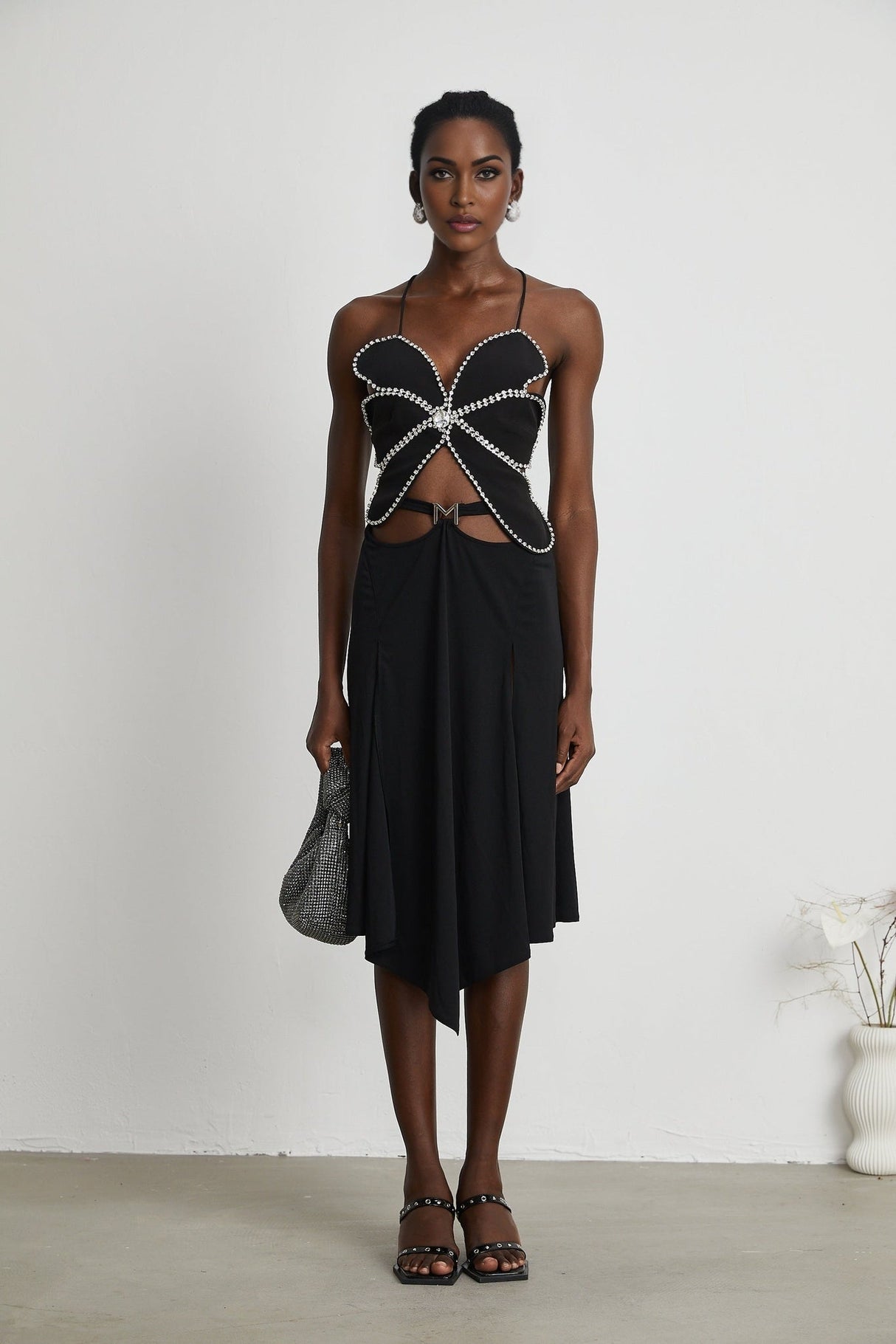 Daphne Top - Halterneck - Sleeveless - Backless - Crystal Embellishment - Floral Motif - Cropped