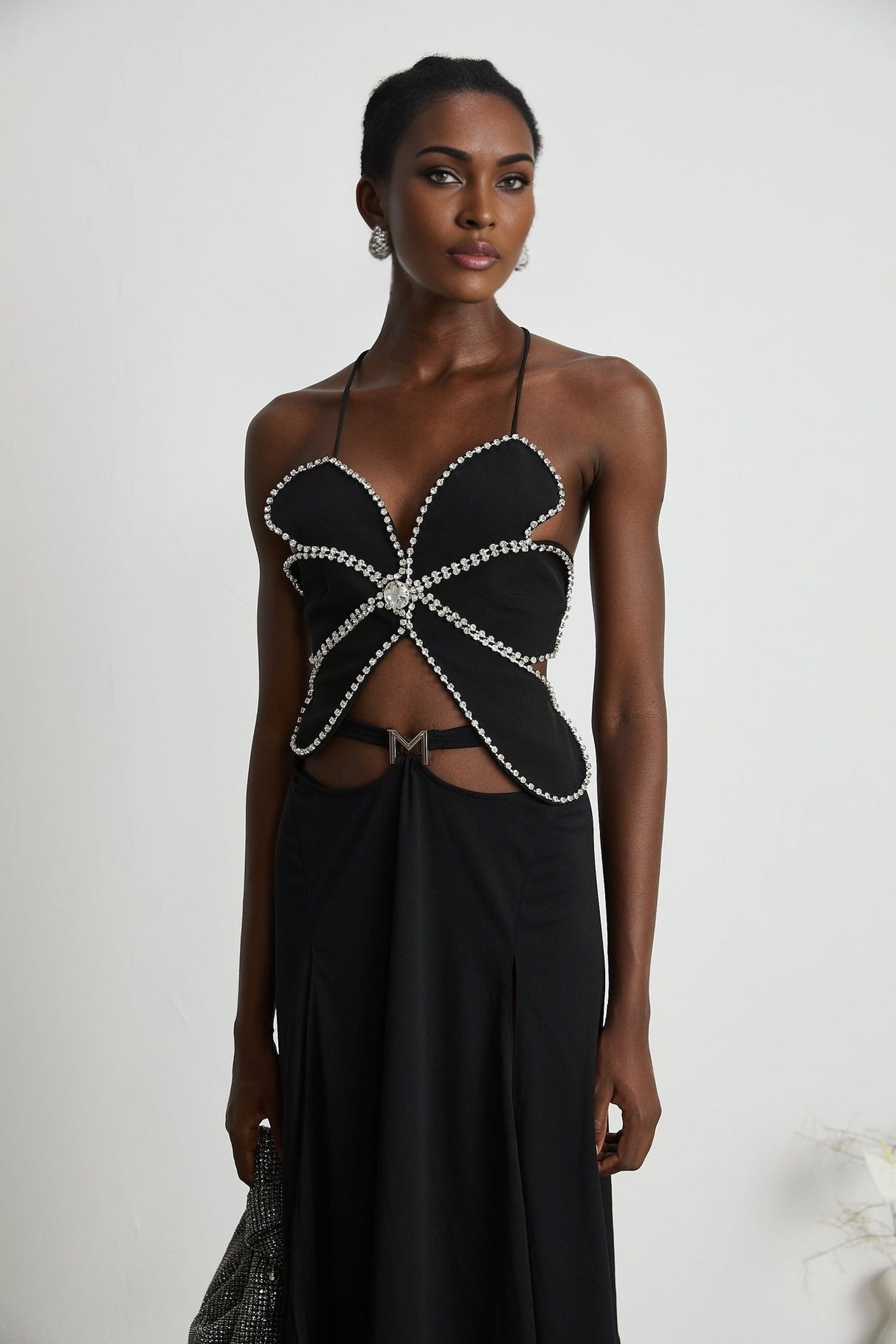 Daphne Top - Halterneck - Sleeveless - Backless - Crystal Embellishment - Floral Motif - Cropped