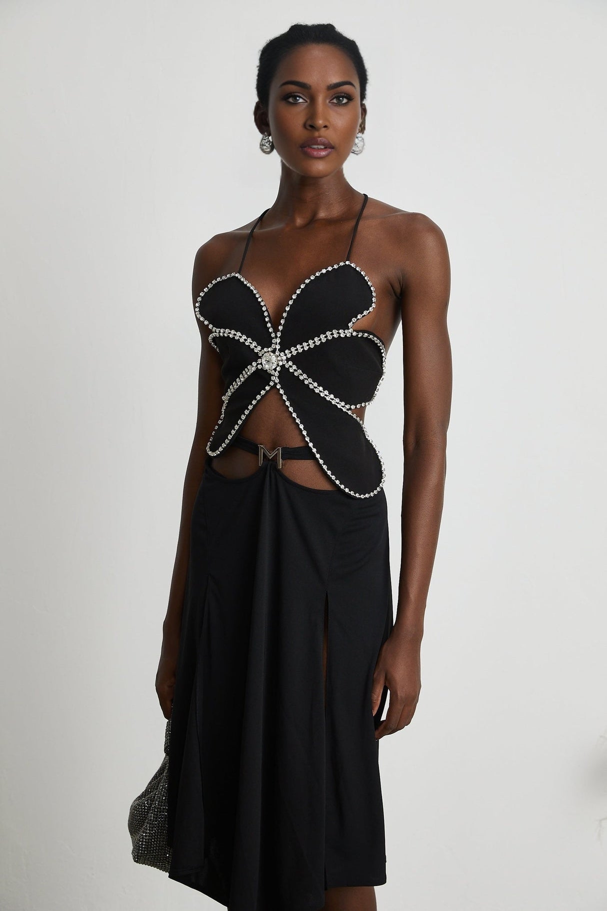 Daphne Top - Halterneck - Sleeveless - Backless - Crystal Embellishment - Floral Motif - Cropped