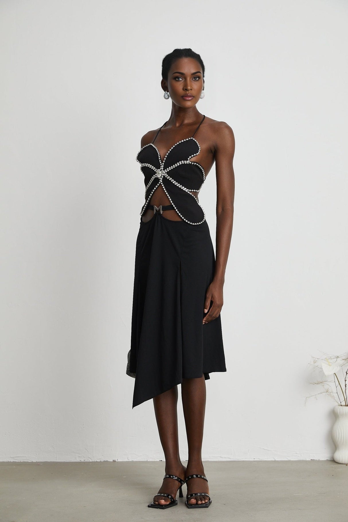 Daphne Top - Halterneck - Sleeveless - Backless - Crystal Embellishment - Floral Motif - Cropped