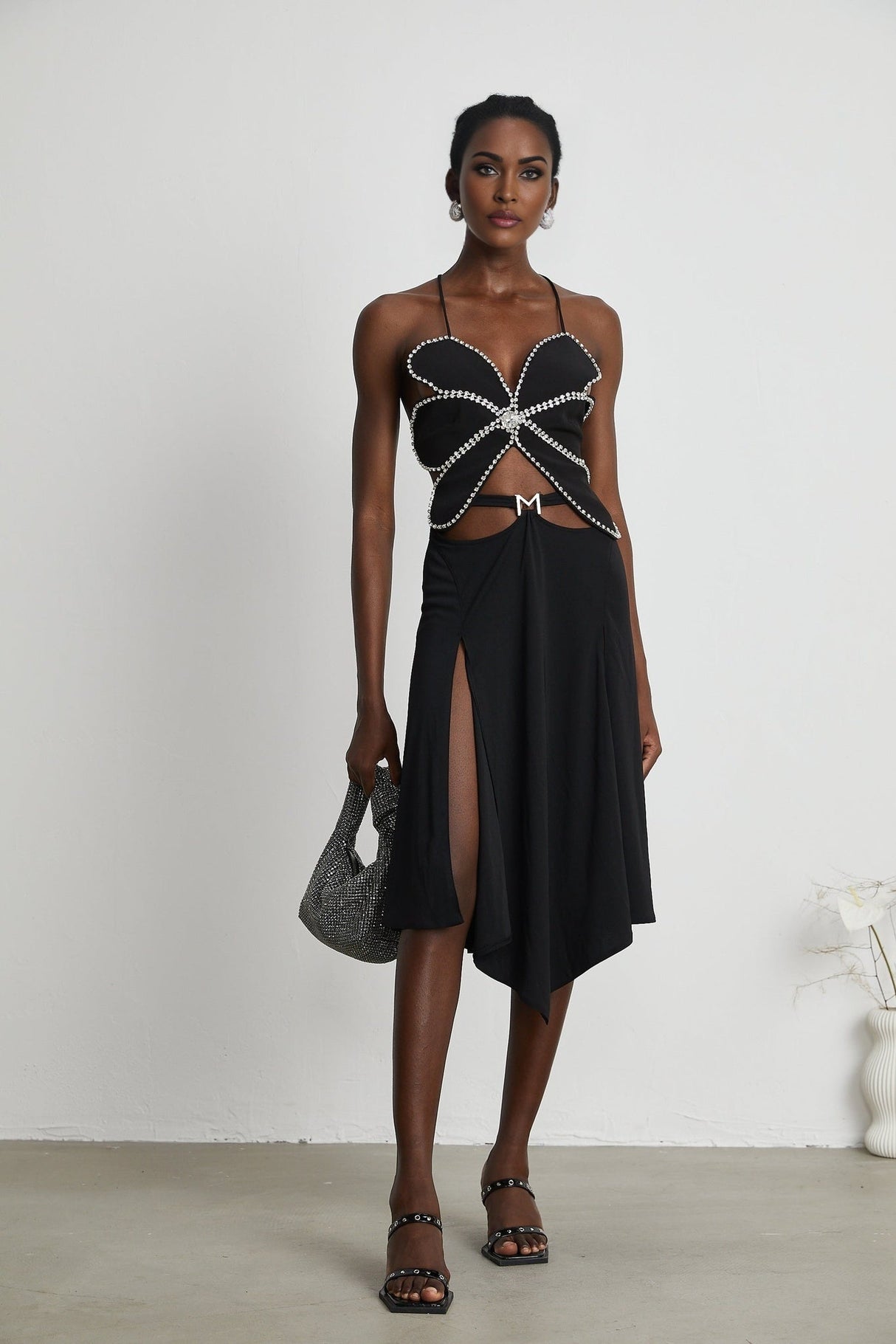 Daphne Top - Halterneck - Sleeveless - Backless - Crystal Embellishment - Floral Motif - Cropped