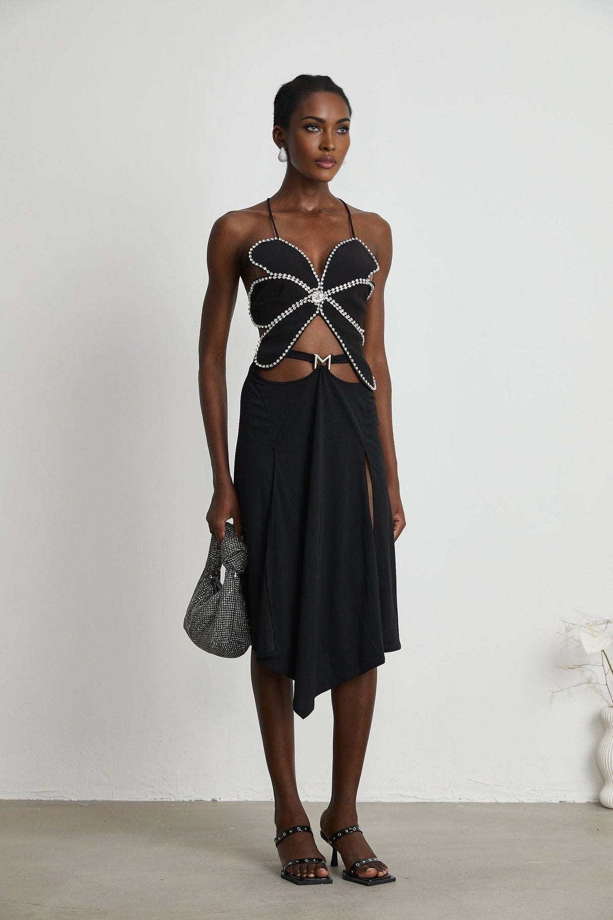 Daphne Top - Halterneck - Sleeveless - Backless - Crystal Embellishment - Floral Motif - Cropped