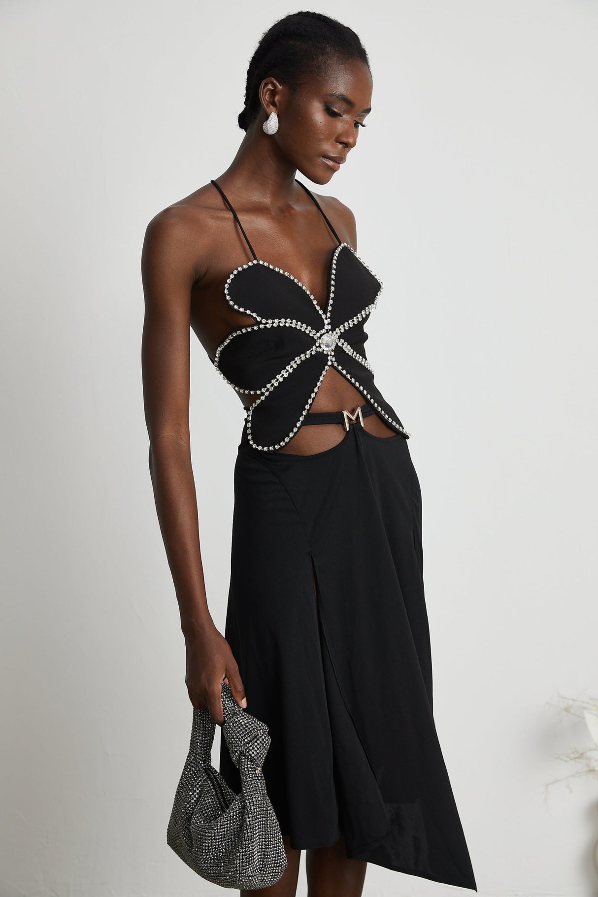 Daphne Top - Halterneck - Sleeveless - Backless - Crystal Embellishment - Floral Motif - Cropped